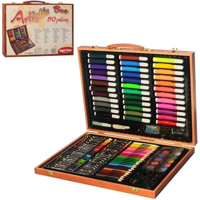 2455 - Подарунковий дитячий набір для малювання і творчості в дерев'яному кейсі, олівці, фломастери, фарби