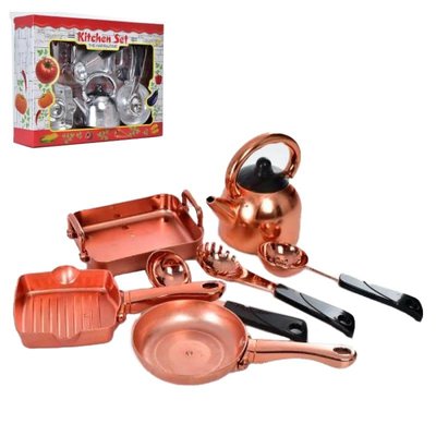Набір іграшкового посуду з чайником, сковорідками і формою для запікання, стилізовано під метал LN1013A4-5