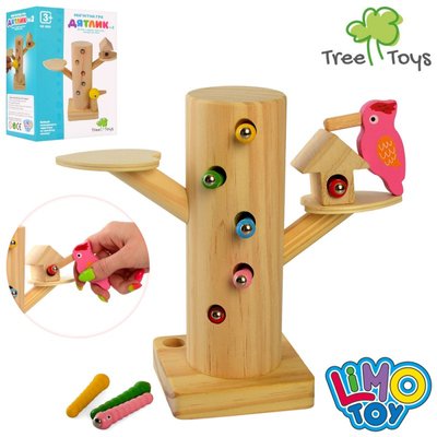 Limo Toy MD 2850 - Дерев'яна навчальна та розвиваюча іграшка нагодуй пташеня дятла, магнітна, пташка дятлик, дерево, гусениці